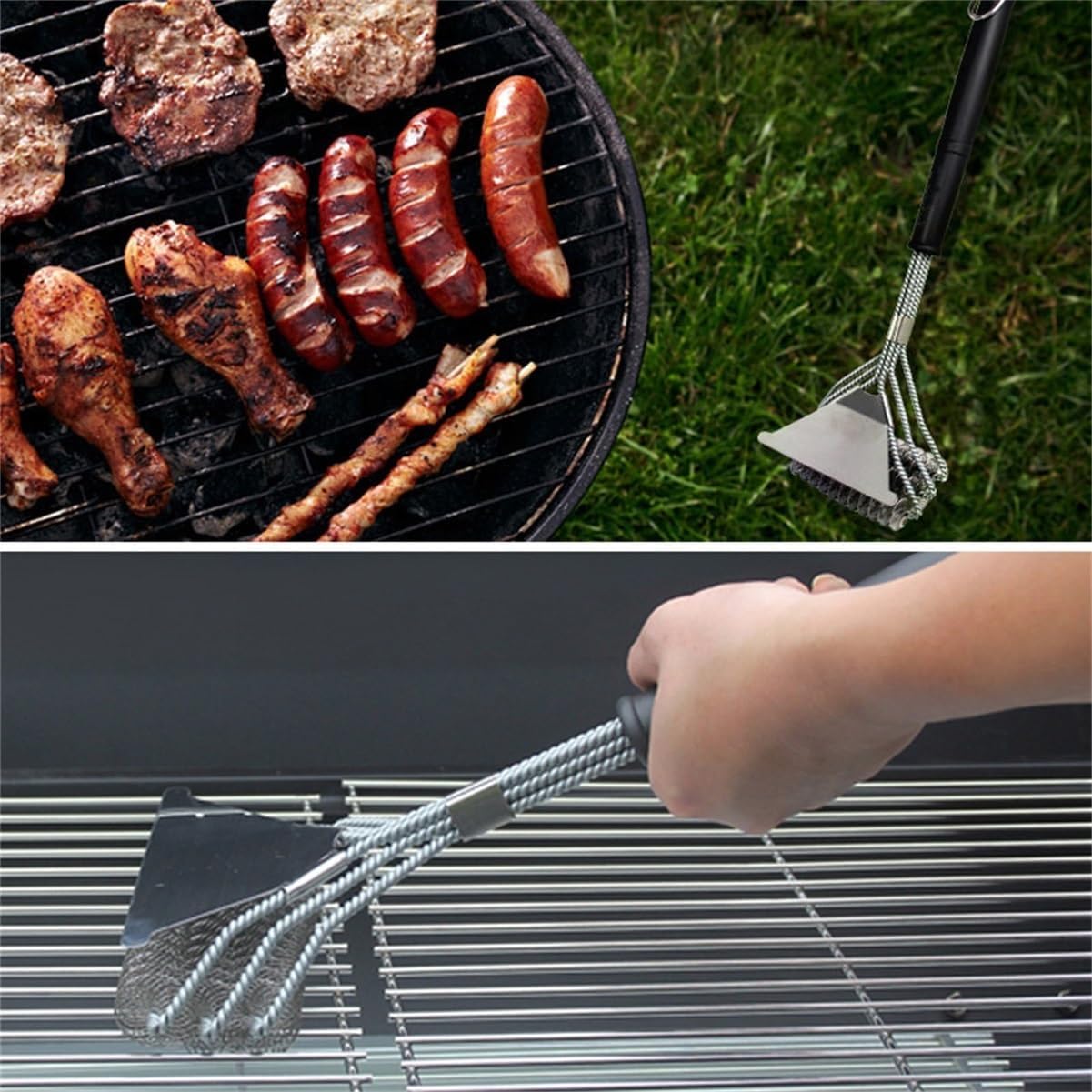 BBQ Grill Cleaning Brush with Scraper, 3-in-1 Stainless Steel Wire Bristles Grill Cleaner, 43cm Long Handle Spring Grill Brush for Grates, Ovens(2 pcs)