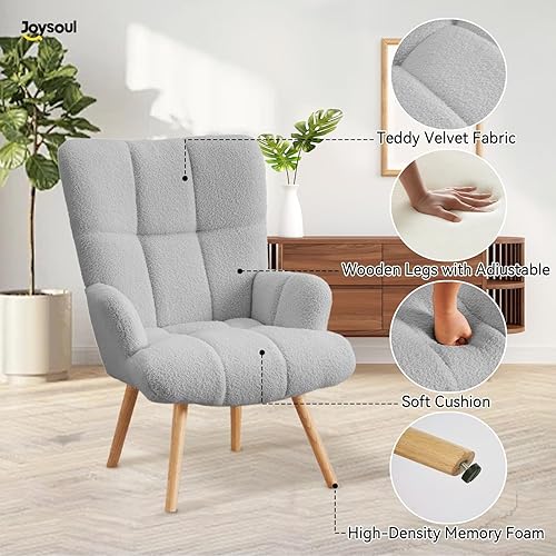 Miniatura 5 de Joysoul Silla decorativa moderna, silla con brazo de respaldo alto con patas de madera, asiento de sofá, silla de lectura de tela polar para sala de