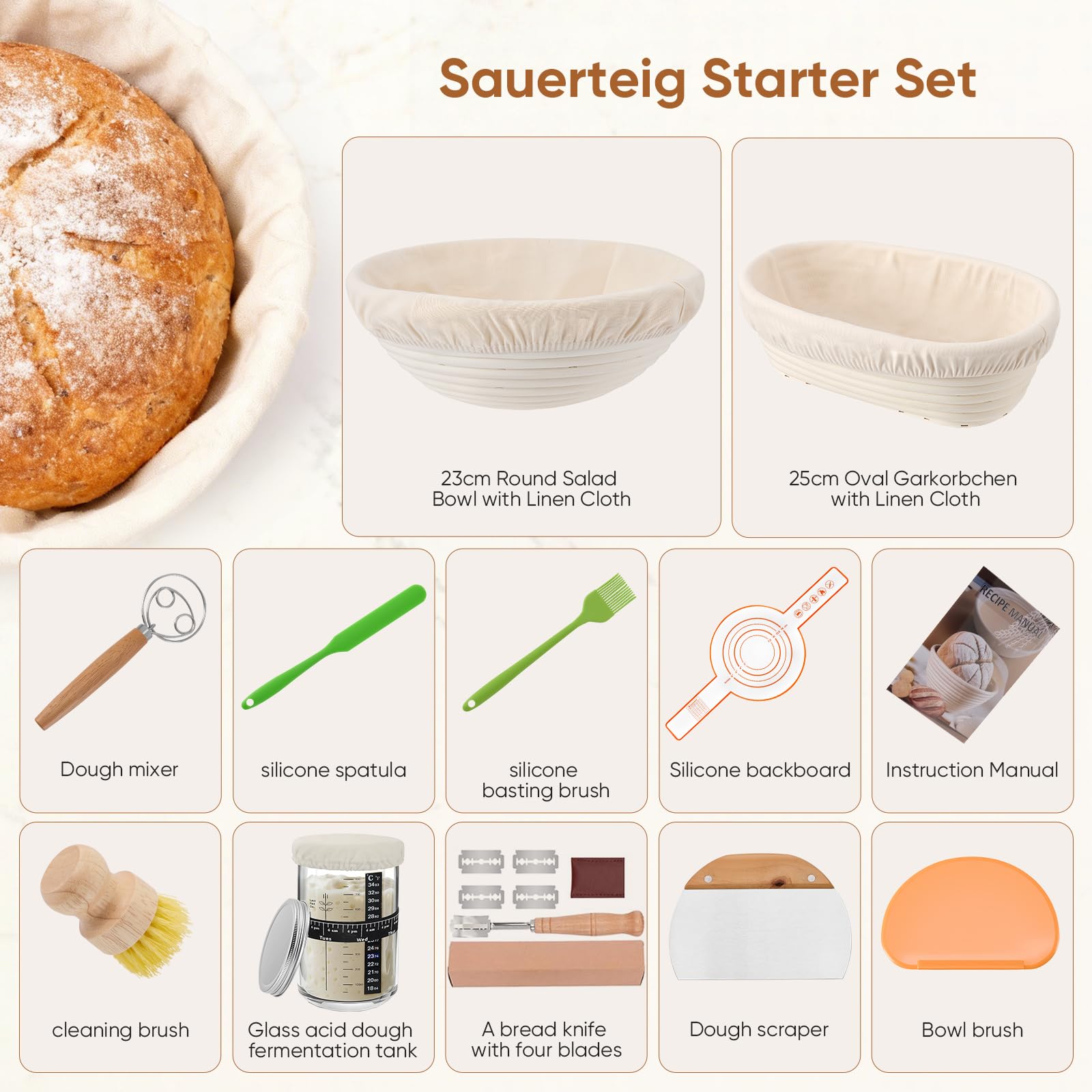 Banneton Pour Pain 21 Pièces - Kit Boulangerie Levain avec 2 Panières Fermentation Rond 23cm et Ovale 25cm, Pot Verre 900ml, Lame à Pain, Tapis Cuisson - Accessoires Cuisine pour Débutants