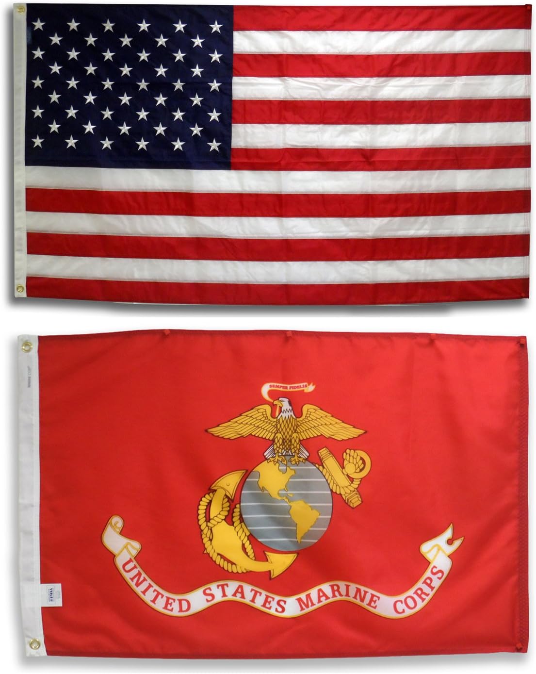 EHT Flags U.S. Embroidered American Flag & Printed USMC Marine Corps Official Military Banner Both 3x5 Ft. All Weather 200 Denier #1 Quality Nylon by Licensed Manufacturer 100% Made in USA