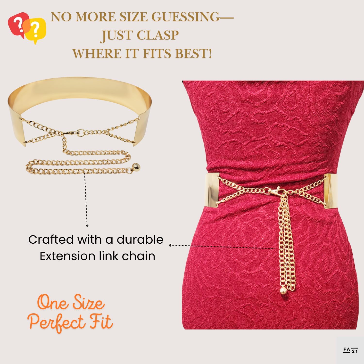 Fashion 21 Women's Shiny Polished Adjustable Metal Mirror Waist Belt Gold, Rose Gold, Silver Tone (1.6", Gold) - Image 4