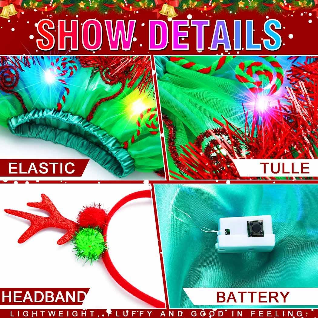 Nicute Light Up Girls Christmas Tutu with Antler Headband Green Layered Glow Tutu Skirt Holiday Tutus Costume for Kids