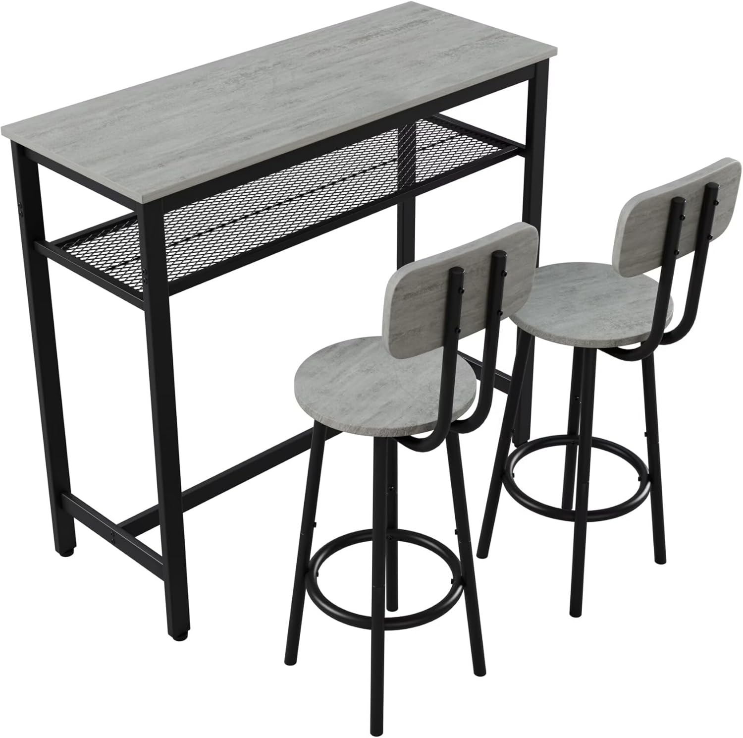 JIJIWANG 3 Piece Bar Table Set, Bar Table and Chairs Set of 2 with Metal Frame and Storage Rack, Modern Counter Height Table with 2 Stools for Kitchen, Dining Room, Living Room, Wood Top, Grey