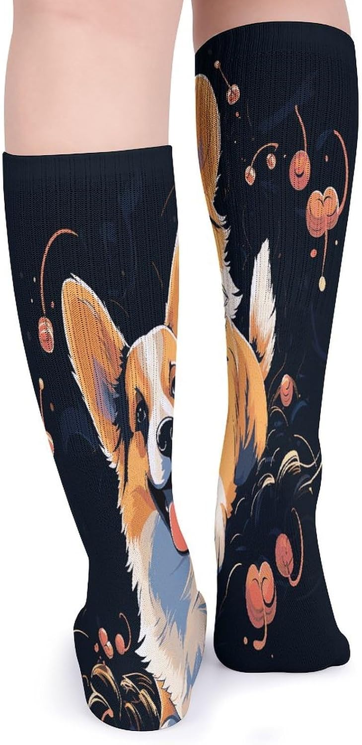 Corgi Dog on Dark Background Crew Socks Cozy Casual Calf Socks Lightweight Long Work Sock Breathable Athletic Sock for Hiking Sports Running 5 Pairs