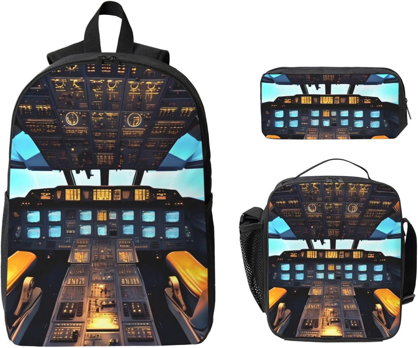 Airplane Cockpit print 3 Piece Backpack Bags with Lunch Box Pencil Case Set for Travel Work Camping Unisex