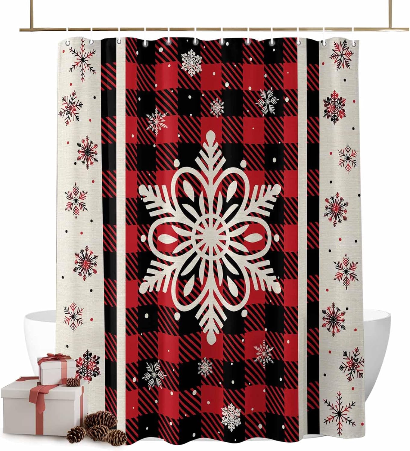 Christmas Shower Curtain 72x72 inch, Winter Snowflake Pattern Bath Curtain Red and Black Buffalo Plaid Waterproof Shower Curtains for Bathroom Bathtub Decor with 12 Hooks Snow Fabric Shower Curtain