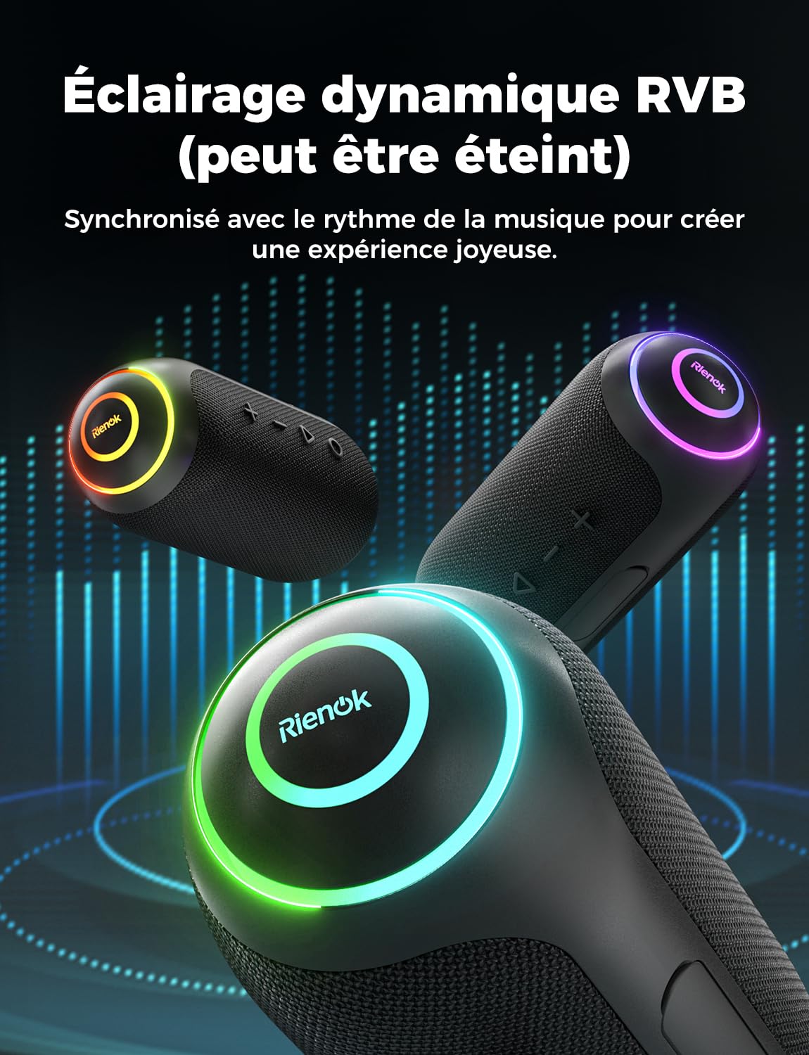 RIENOK S4 Max Enceinte Bluetooth Portable, 35W Haut Parleur Puissant, 3600mAh Baffle Bluetooth 5.3 Lumineuse, Autonomie 15H, Port TF/AUX, pour Soirées, Randonnées, Voyage