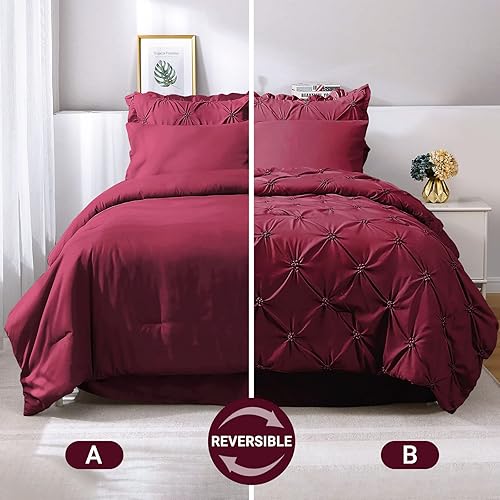 Miniatura 7 de JOLLYVOGUE Juego de edredón tamaño King de 7 piezas, color rojo oscuro, juego de edredón para dormitorio, juegos de ropa de cama con edredón,