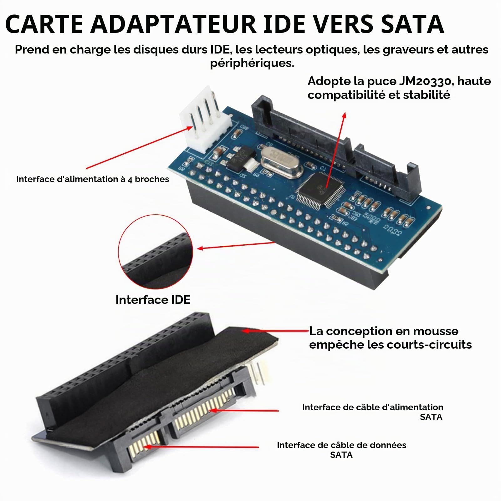 Adaptateur IDE/PATA vers SATA, Carte Convertisseur 40 Broches | pour Disque Dur 3,5" et PC de Bureau, PCBA pour HDD