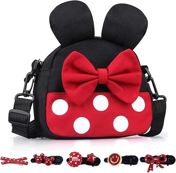 FOSDICK Borsetta Bambina con Fiocco con Orecchie da Topo, Borsa Tracolla Bambina Regolabile, Carino Borsetta Ragazza, Borse Ragazza con 5 Fermagli per Capelli, Regalo bambina 3-10 Anni, 15x15x5cm - 1