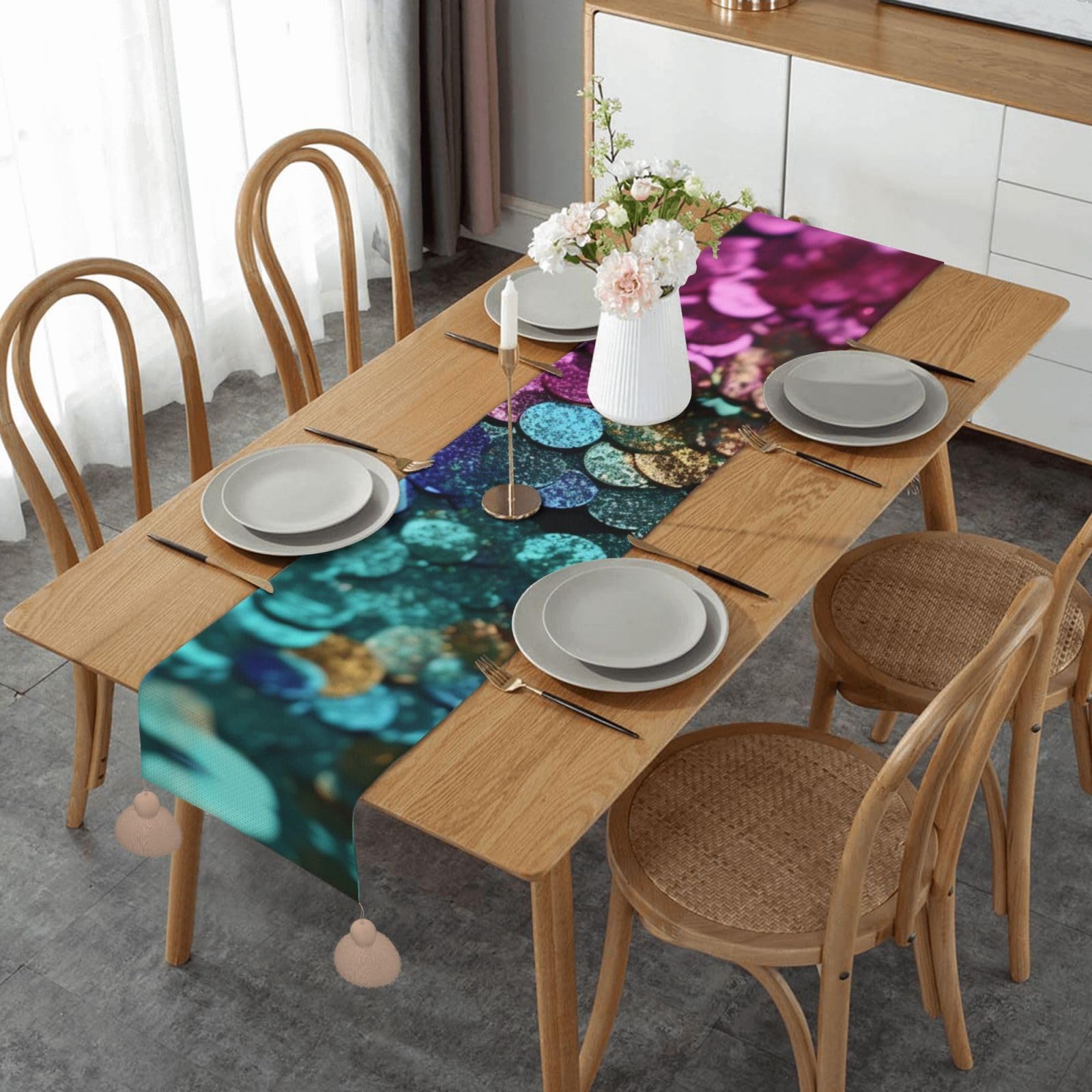 Chemin de table rustique imprimé pois déco table de fête avec pompon