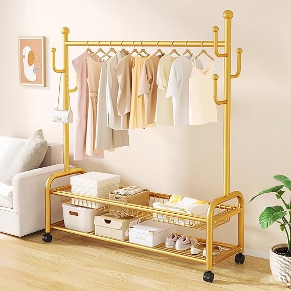 Metal Clothes Rack With Wheels,Portable Clothing Rack With Shelves & Hooks,Garment Racks For Hanging Clothes,Multi-Functional Coat Rack For Bedroom,Living Room,Black(Black,60cm(23.6in))