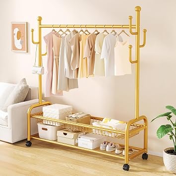 Metal Clothes Rack With Wheels,Portable Clothing Rack With Shelves & Hooks,Garment Racks For Hanging Clothes,Multi-Functional Coat Rack For Bedroom,Living Room,Black(Black,60cm(23.6in))