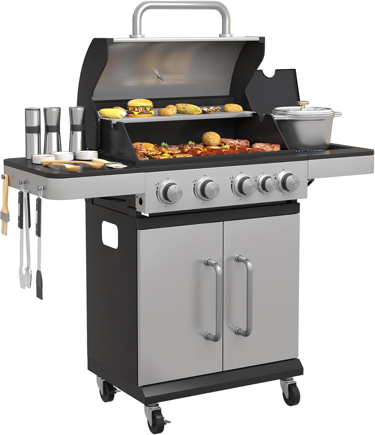 VICLLAX Propane Gas BBQ Grill with 4 Stainless Steel Burners, 46,000 BTU, Large 462 sq.in. Cooking Area, Porcelain Enamel Cast Iron Grates, Side Burner & Storage Cabinet for Backyard Garden Barbecue