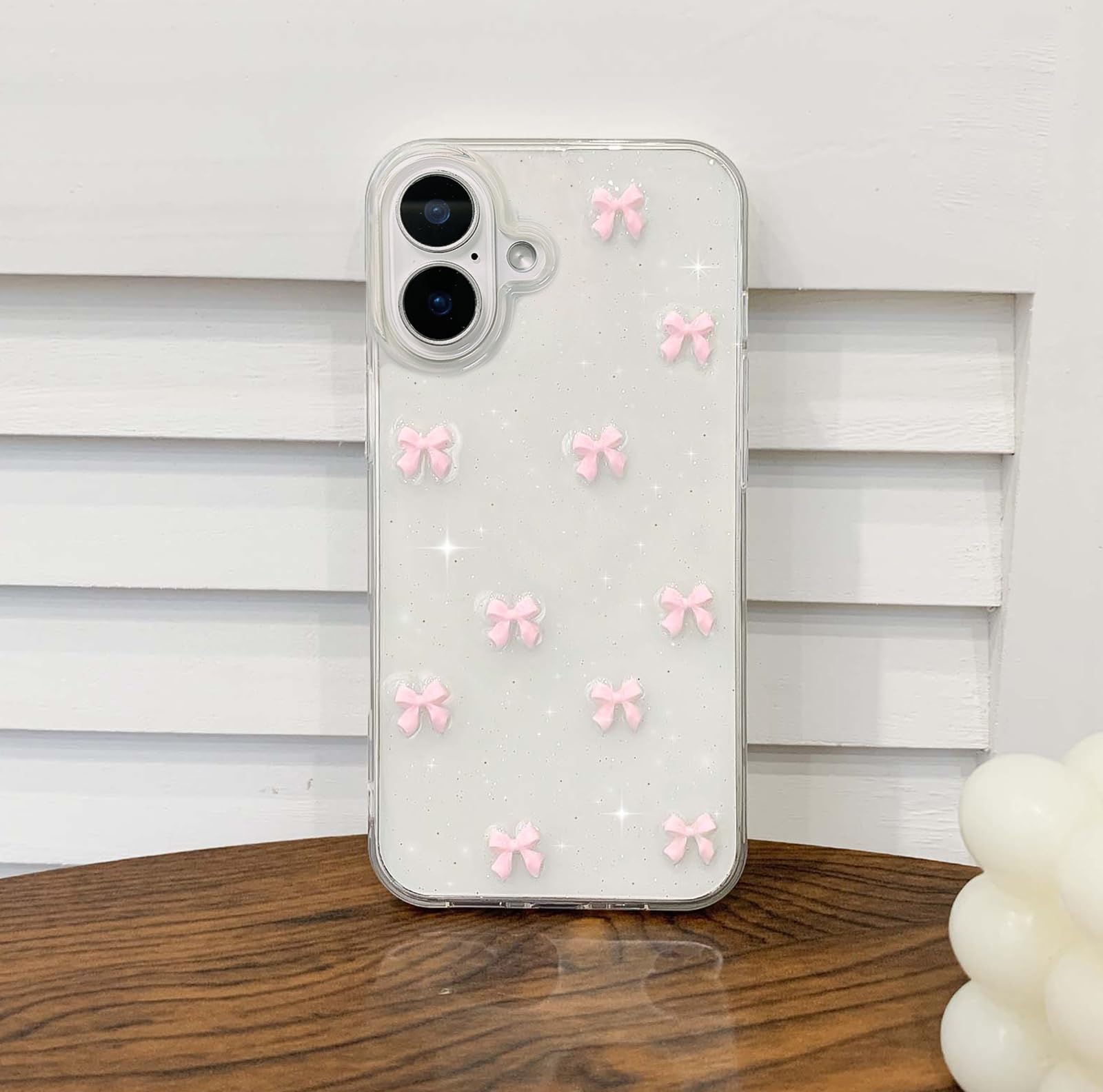 Reownest Trasparente Cover per iPhone 16 Custodia con Motivo Estetico con Fiocchi e Perle per Donne Ragazze Adolescenti Custodia per Telefono Glitterata con Catena