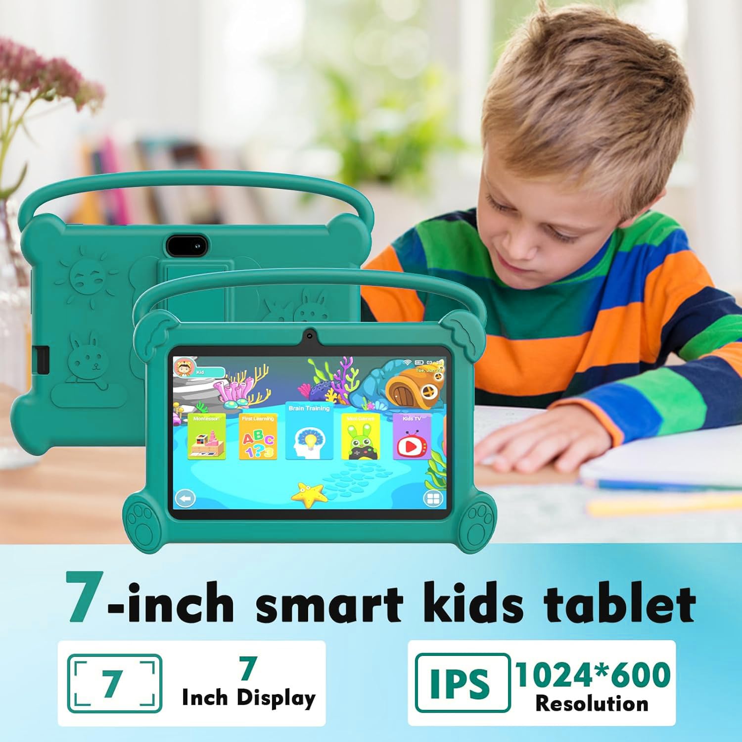 Tablet per bambini da 7 pollici 3-9 per bambini, 32 GB ROM con custodia antiurto, software Android per bambini installato Netflix, YoutTube, app aiwawa, controllo genitori, doppia fotocamera