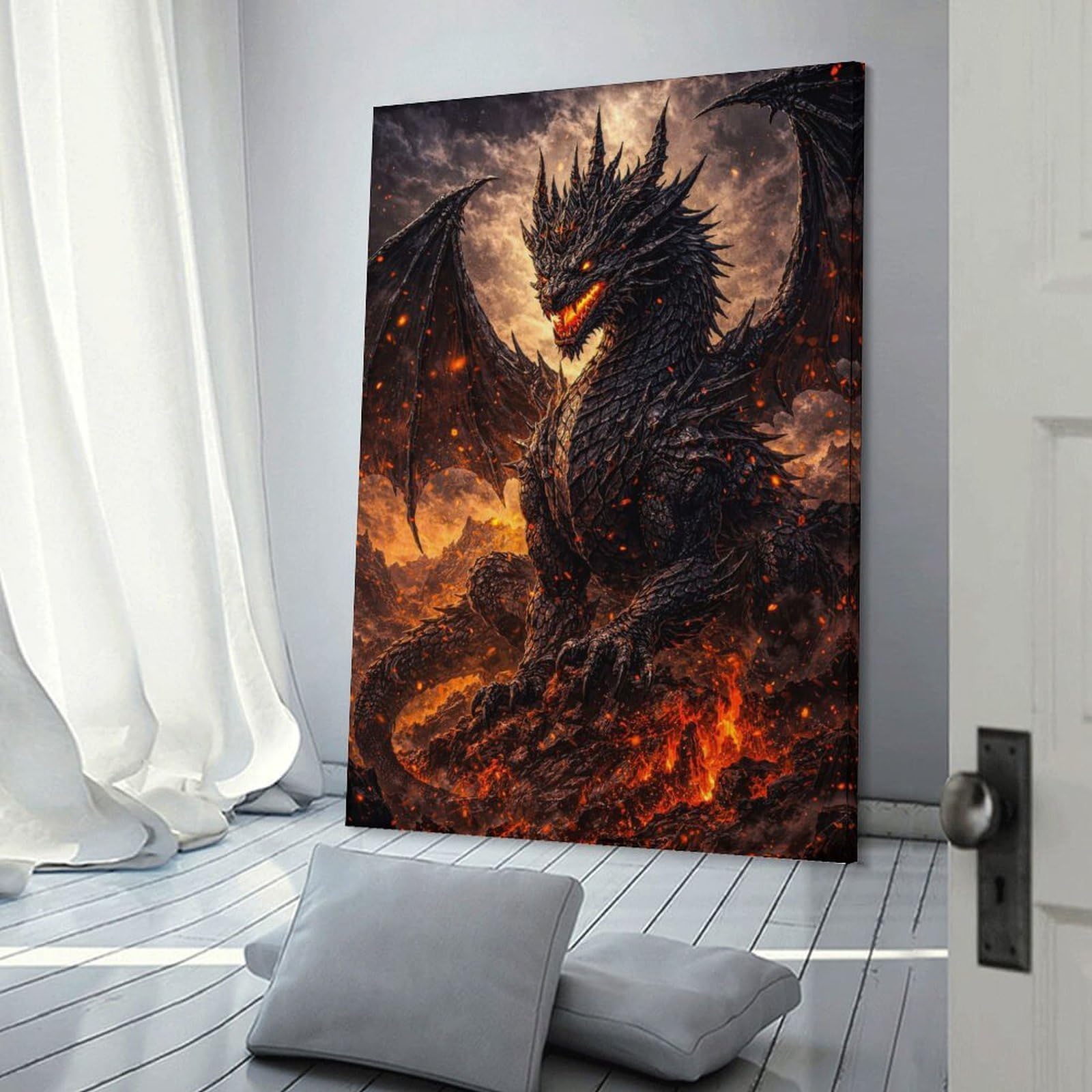 Junmoney Home Decor Wall Art Black Dragon in Fiery Landscape, 20x30inch(50x75cm), for New Homes, Bedrooms Or Workspaces, Decorative Present for New Homes