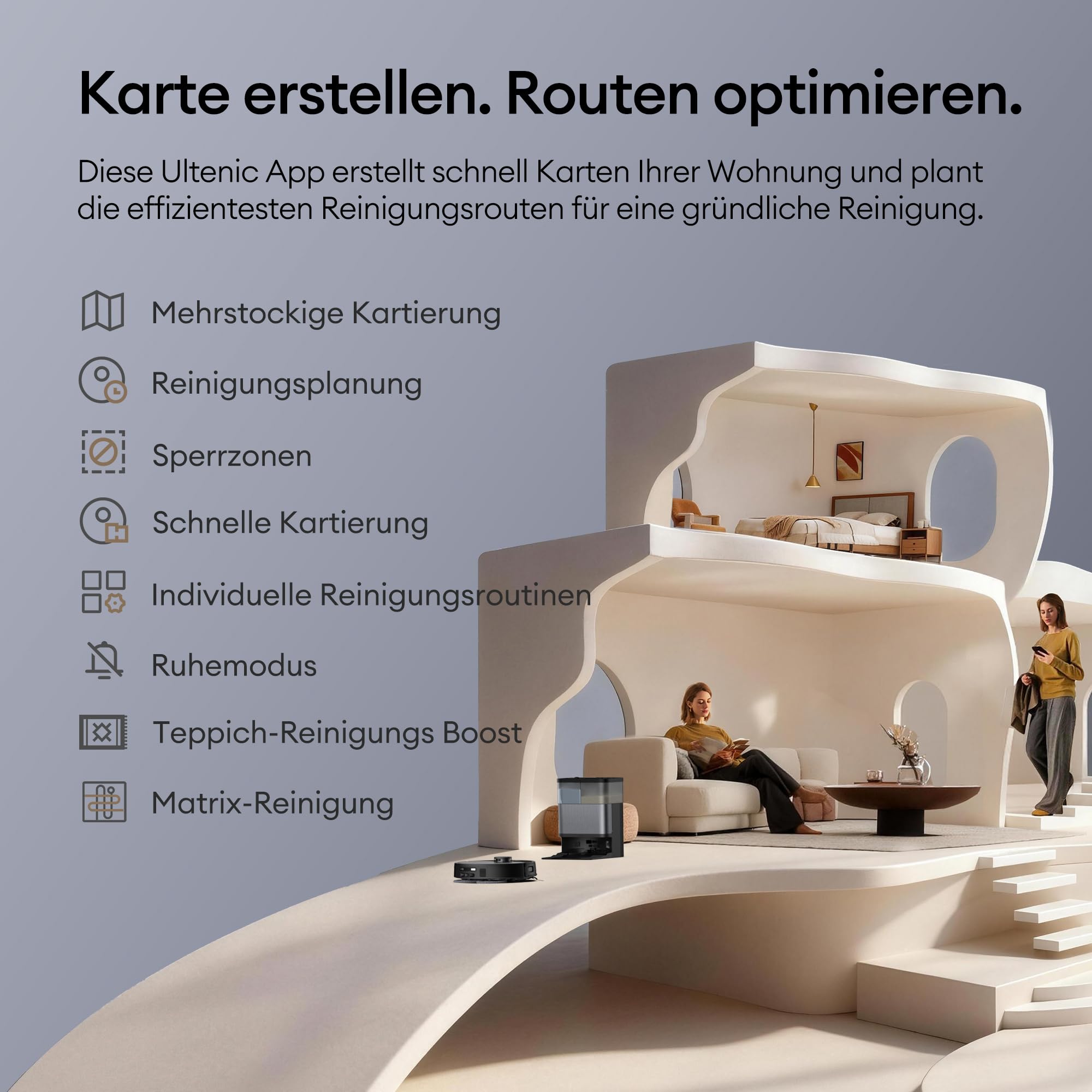Ultenic MX50 Saugroboter mit Wischfunktion, 20000Pa Saug Wischroboter mit Selbstreinigung, LiDAR Navigation, Ausfahrbare Wischmopps, Zero-Tangle System Saug und Wischroboter, APP Steuerung