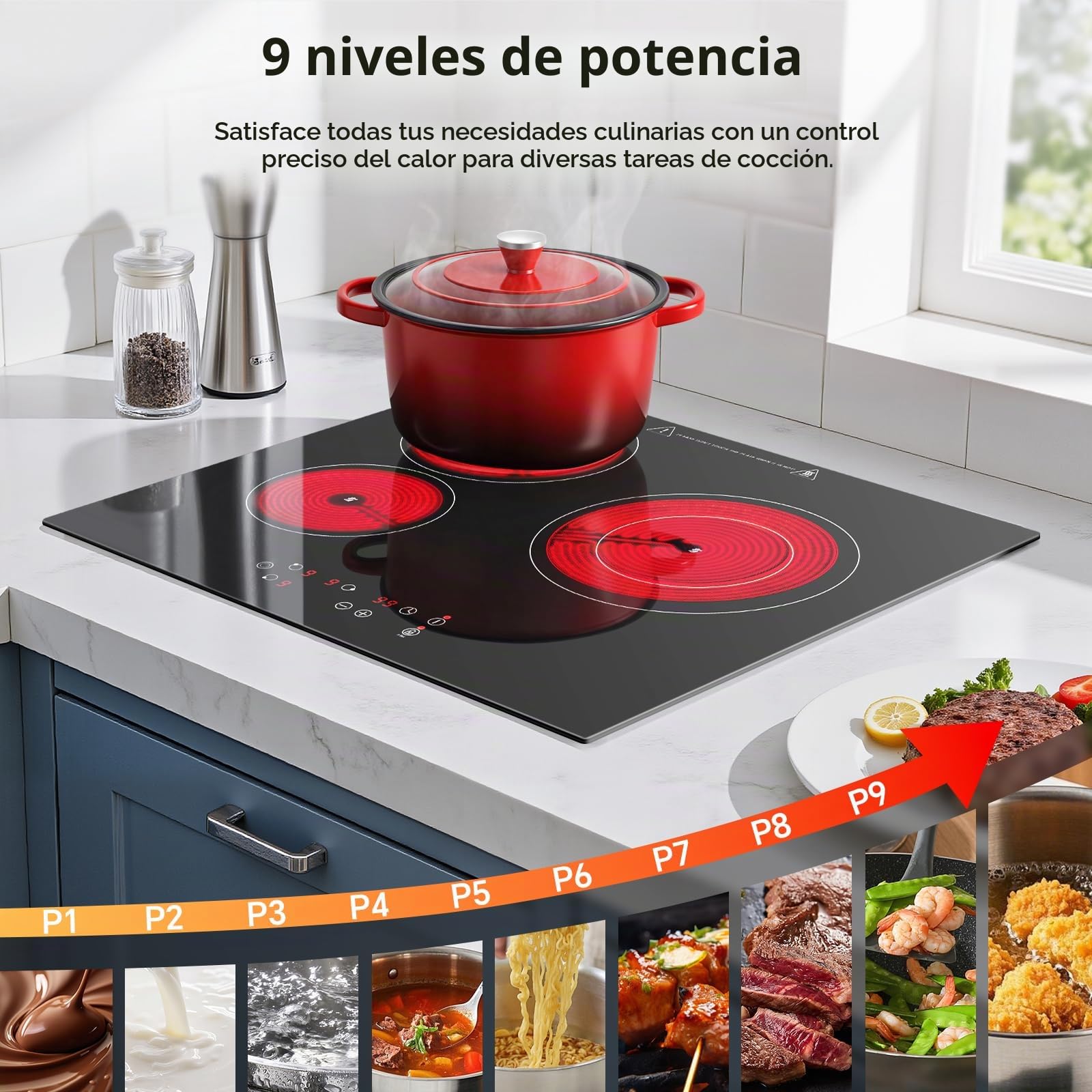 Placa Vitroceramica 3 fuegos 60cm, Control Táctil, 5400W con 9 ajustes de potencia, Temporizador 99 min, Vitrocerámica Eléctrica Negra, Para todas las ollas y sartenes