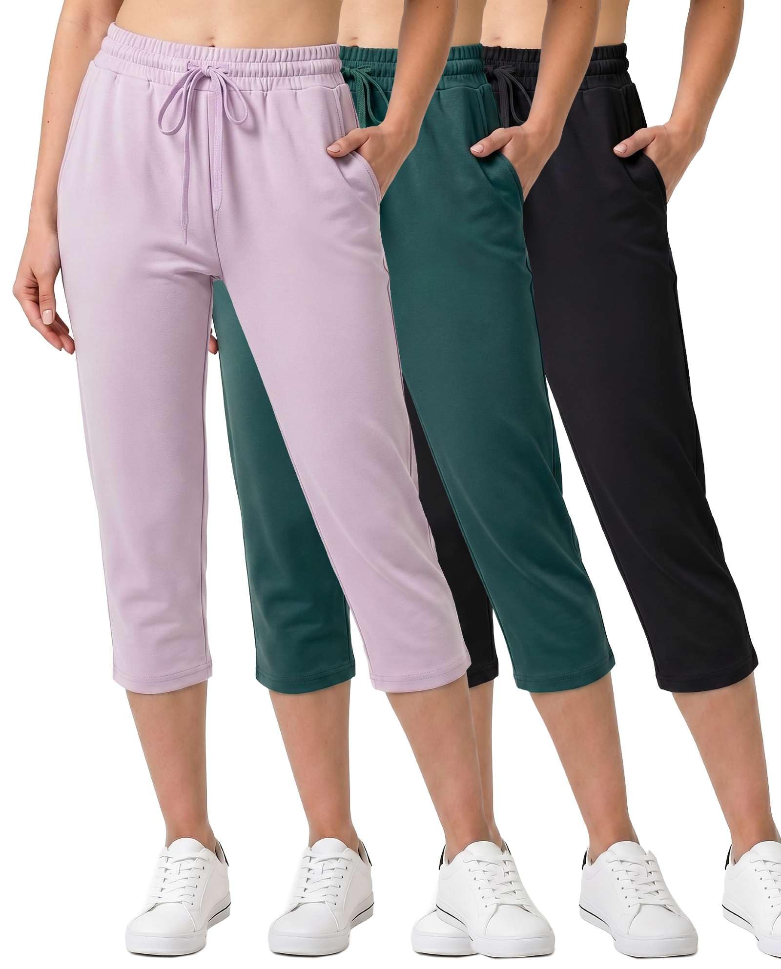 3er-Pack: Damen-Caprihose, seidig, weich, offene Unterseite, mit Kordelzug – (erhältlich in Übergröße)