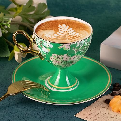 Miniatura 3 de KAMMAK Juego de 2 tazas de café y platillos de cerámica, tazas de café de porcelana con platillos, 7.7 onzas, hechas a mano, floral, vintage, tallo