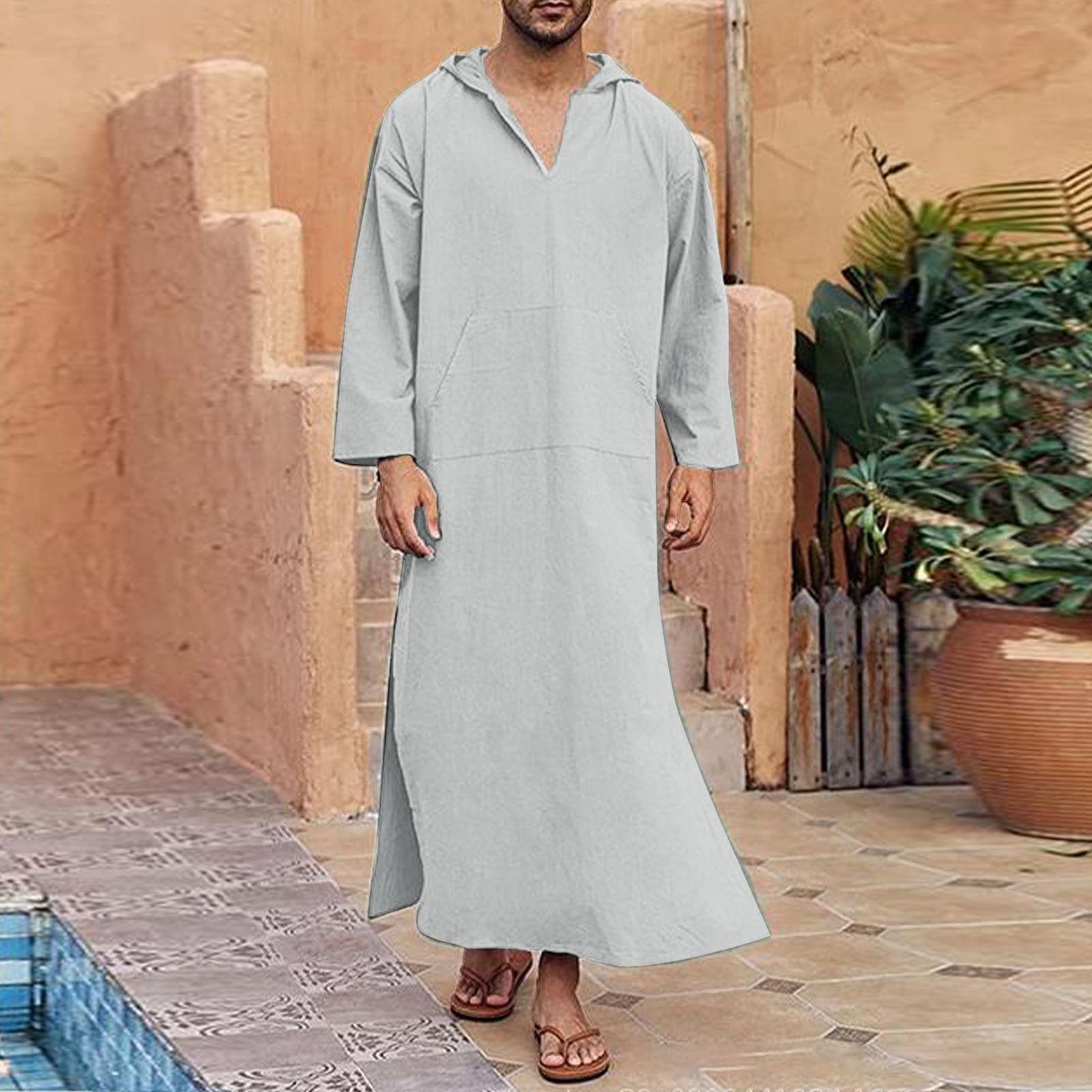 Abiti musulmani da uomo Djellaba con cappuccio abiti a maniche lunghe in lino Dubai Robe da uomo con cappuccio Robe manica corta abito musulmano etnico maxi abito ramadan abiti musulmani