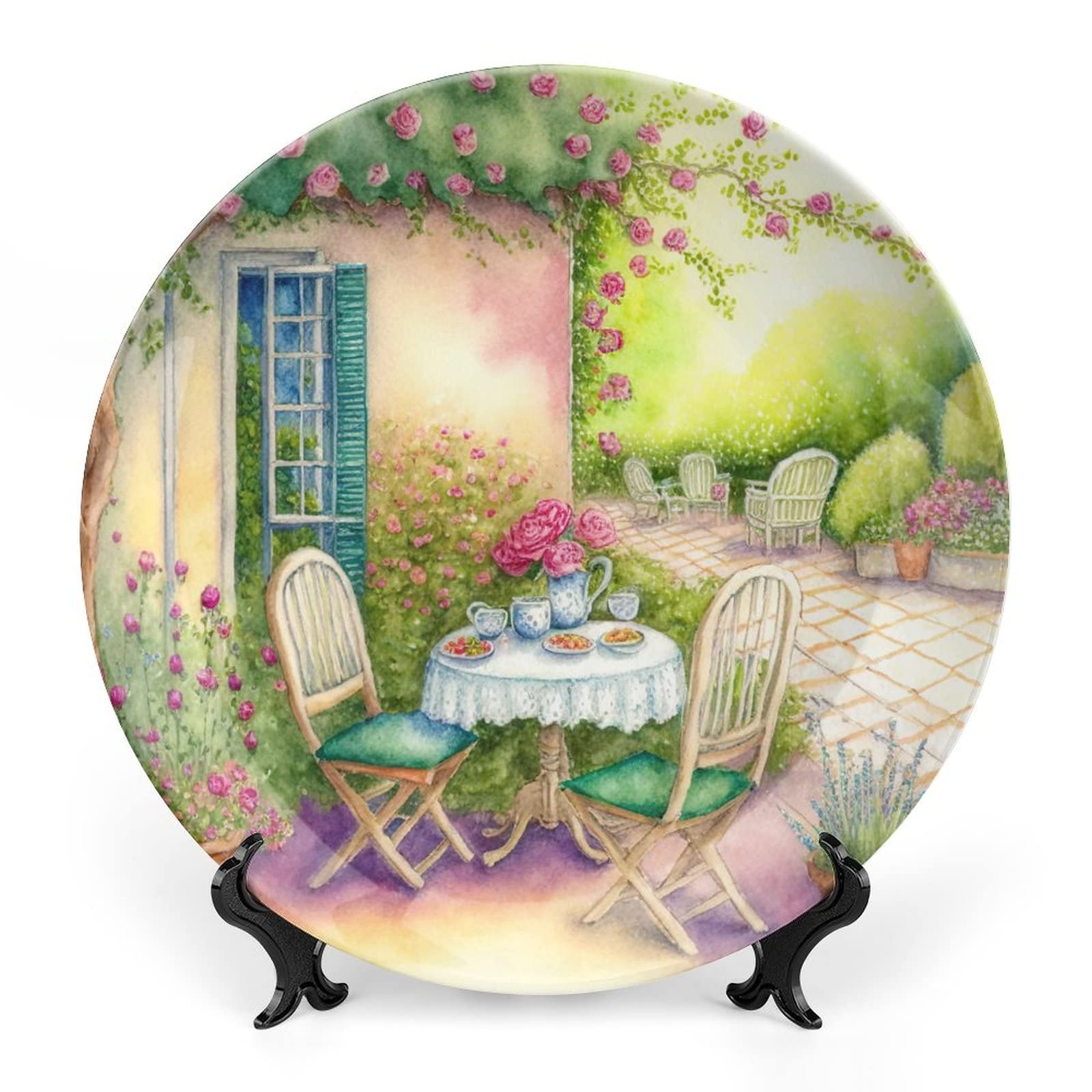 Decorative Plates, Watercolor Italian Garden Painting Ceramic Plate, Wobble-Plate with Display Stand, Home Decor for Living Room Bedroom, Farmhouse Wall Hanging Round Plate Sign 25 CM
