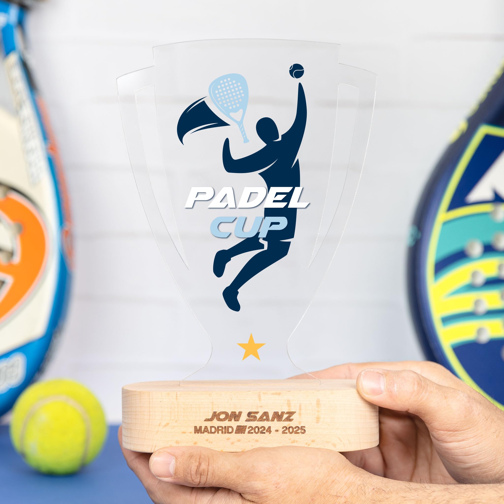 Wanapix | Trofeo Personalizado con Foto y Texto | Trofeo Copa Deportiva | Placa de Metacrilato Impresa a Color | Base de Madera Natural