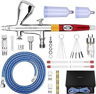 Multi-Purpose Airbrush Kit, Dual-Action Gravity Feed Air Brush Sets with with Crown Nozzle, 9cc 20cc 40cc Cup, 0.2, 0.3 & 0.5mm Needles for Makeup Nail Art Shoes Tattoo Cake Toy Model (Red)
