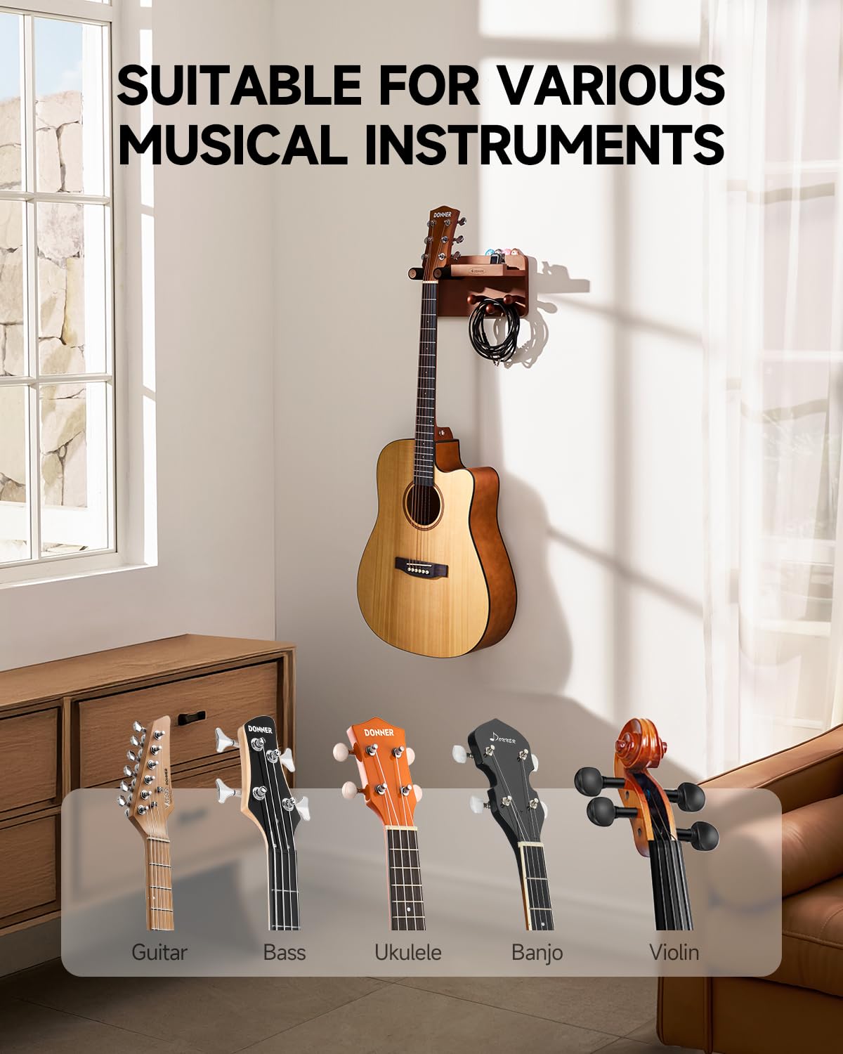 Donner Porta Chitarra da Muro con Porta-plettro e 3 Ganci, Appendi Chitarra da Muro per Elettrica, Acustica, Basso, Ukulele