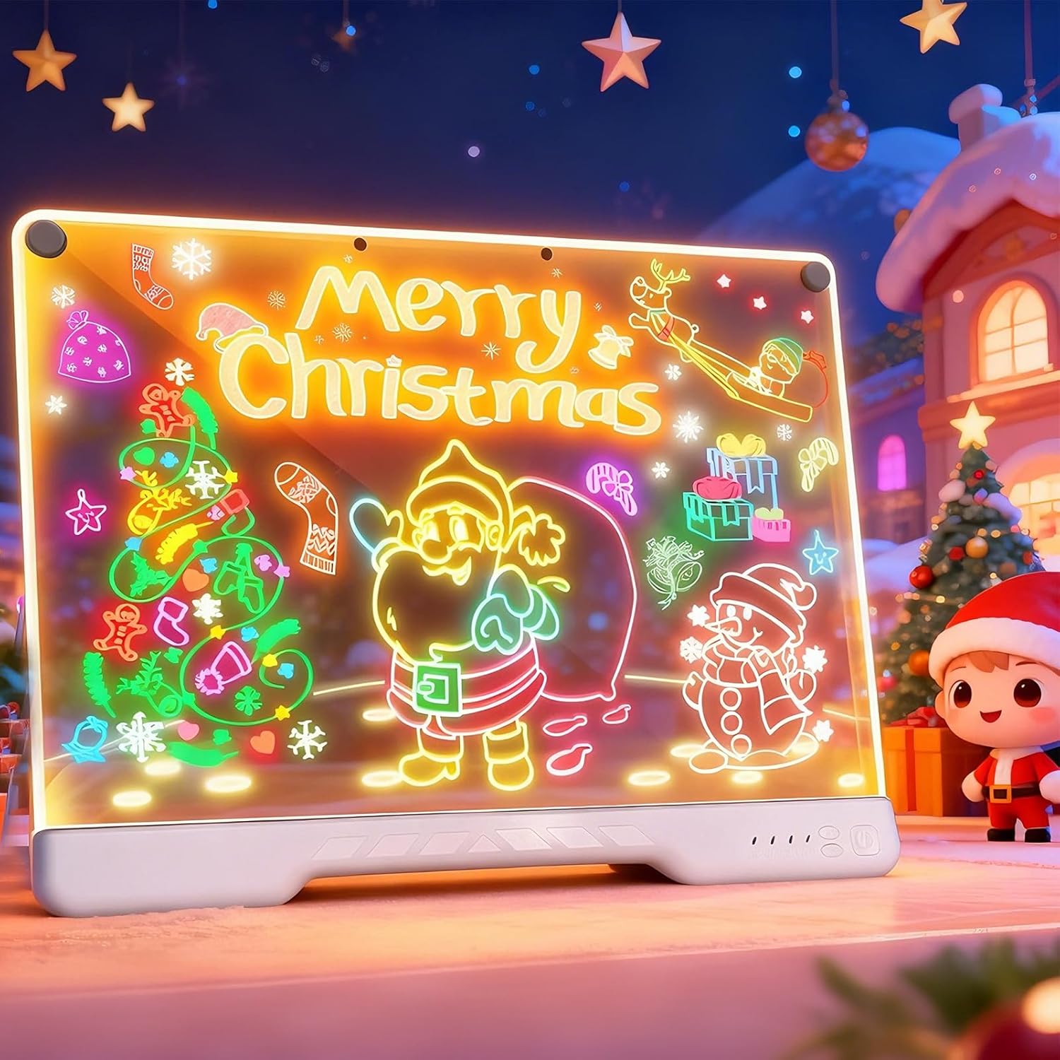 16-Inch Rechargeable Doodle Glow LED Note Board, 7-Color Light Modes, Neon Art Dry Erase Light Up Drawing Pad with Built-in Stand, Sketching Gift Toy for Kids/Girls/Teens, 5 Markers & Tracing Book