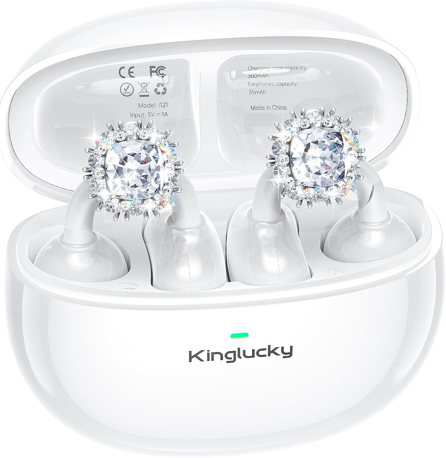 Kinglucky Jewelry-Inspired Clip-On Earbuds with Diamond Earrings, Comfortable Fit & 40H Playtime Open Ear Bluetooth 5.4 Wireless Headphones for Women, Small Ears, Sports & Workouts (White)