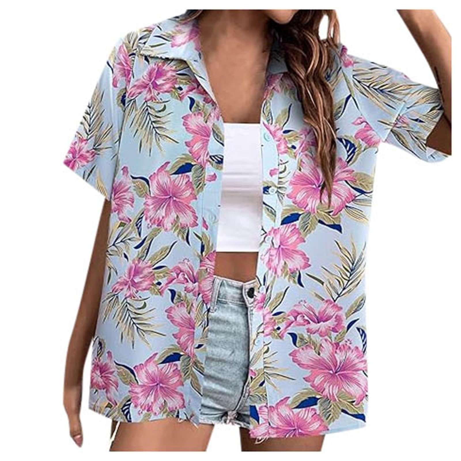 Generisch Lässiges Damen Kurzarmhemd mit sommerlichem Strandprint, leichte Baumwollmischung, atmungsaktiv und knitterfrei für Urlaub und Freizeit, Grün M