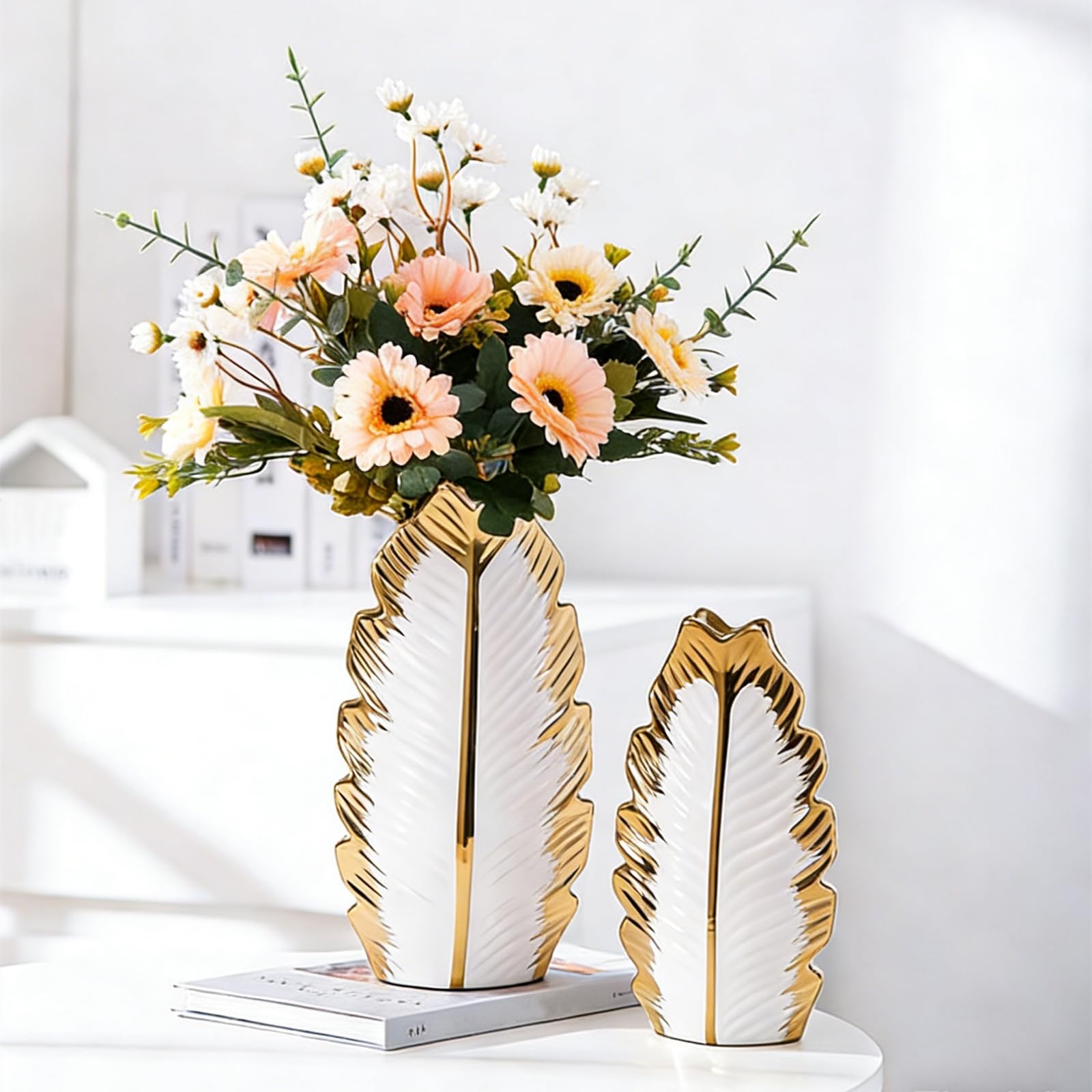 Set di 2 vasi in ceramica, moderno boho nordico, decorazione per soggiorno, matrimonio, cena, tavolo, feste, ufficio e camera da letto (Bianco e oro)