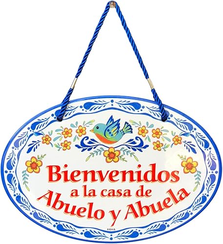 Oktoberfest Haus - Obra de arte tradicional latina "Bienvenidos a la Casa de Abuelo y Abuela", de cerámica de 8.75 x 6 pulgadas, letrero de puerta