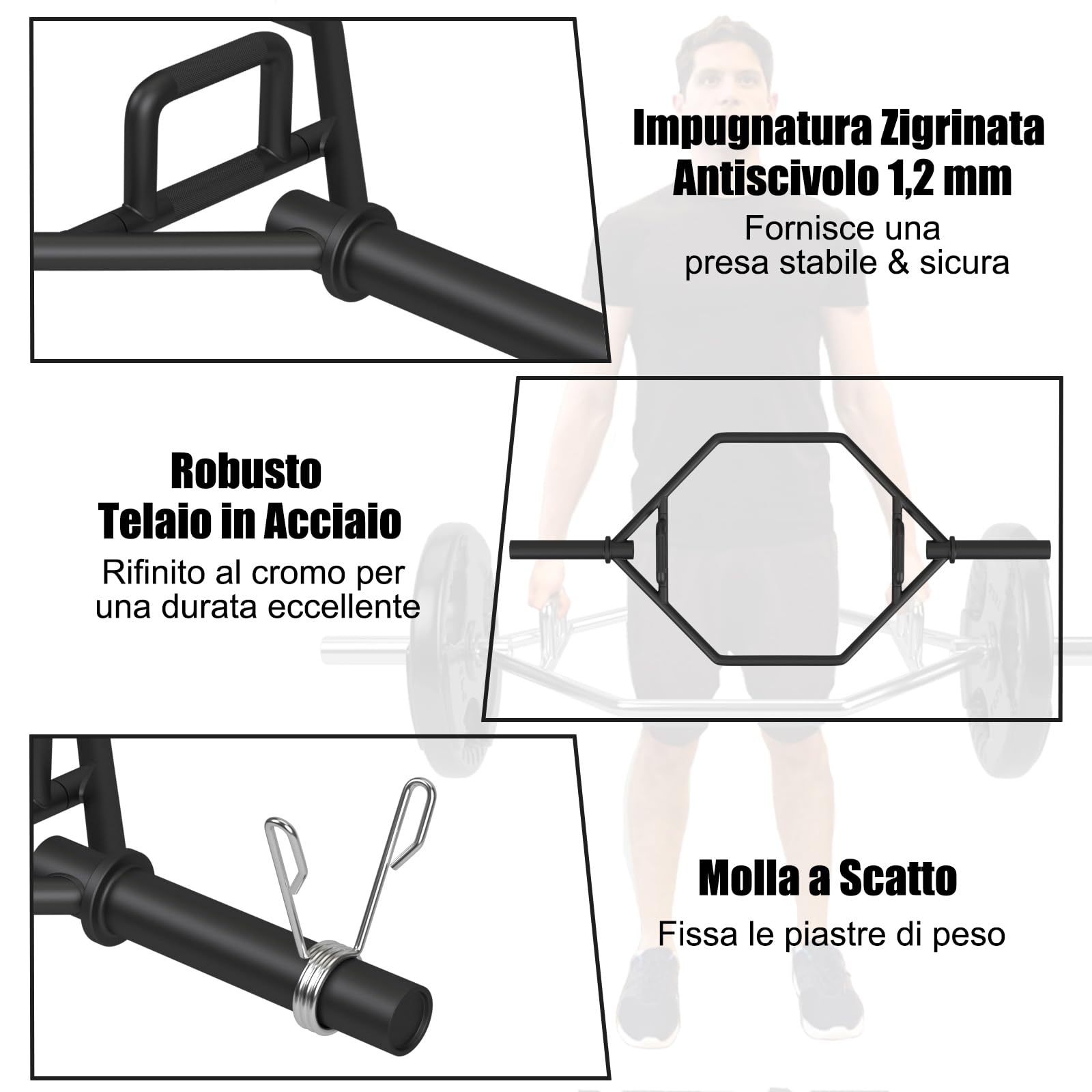 COSTWAY Barra della Trappola Olimpica, Barra Esagonale Pieghevole con Manici Zigrinati, Manicotti 25 cm e Molle, Olympic Hex Trap Bar per Sollevamento Pesi e Bodybuilding, Carico 363 kg