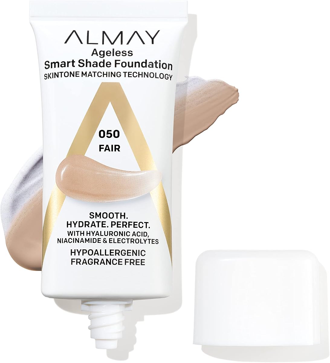 Almay Anti-Aging Foundation, Smart Shade Face Makeup with Hyaluronic Acid, Niacinamide, Vitamin C & E, Hypoallergenic-Fragrance Free, 050 Fair, 1 Fl Oz (Pack of 1)