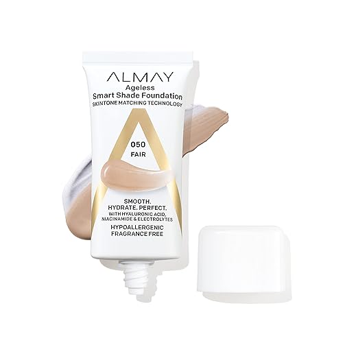 Almay Base antienvejecimiento, maquillaje facial Smart Shade con ácido hialurónico, niacinamida, vitamina C y E, hipoalergénico, sin fragancias, 050