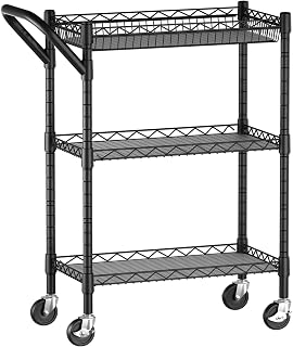 3 Tier Heavy Duty Rolling Utility Cart, Rolling Carts with Wheels,Commercial Grade Metal with Handle Bar & Shelf Liner,Trolley Serving Storage Cart for Kitchen (Black, 18" D x 23.8" W x 36.6" H)