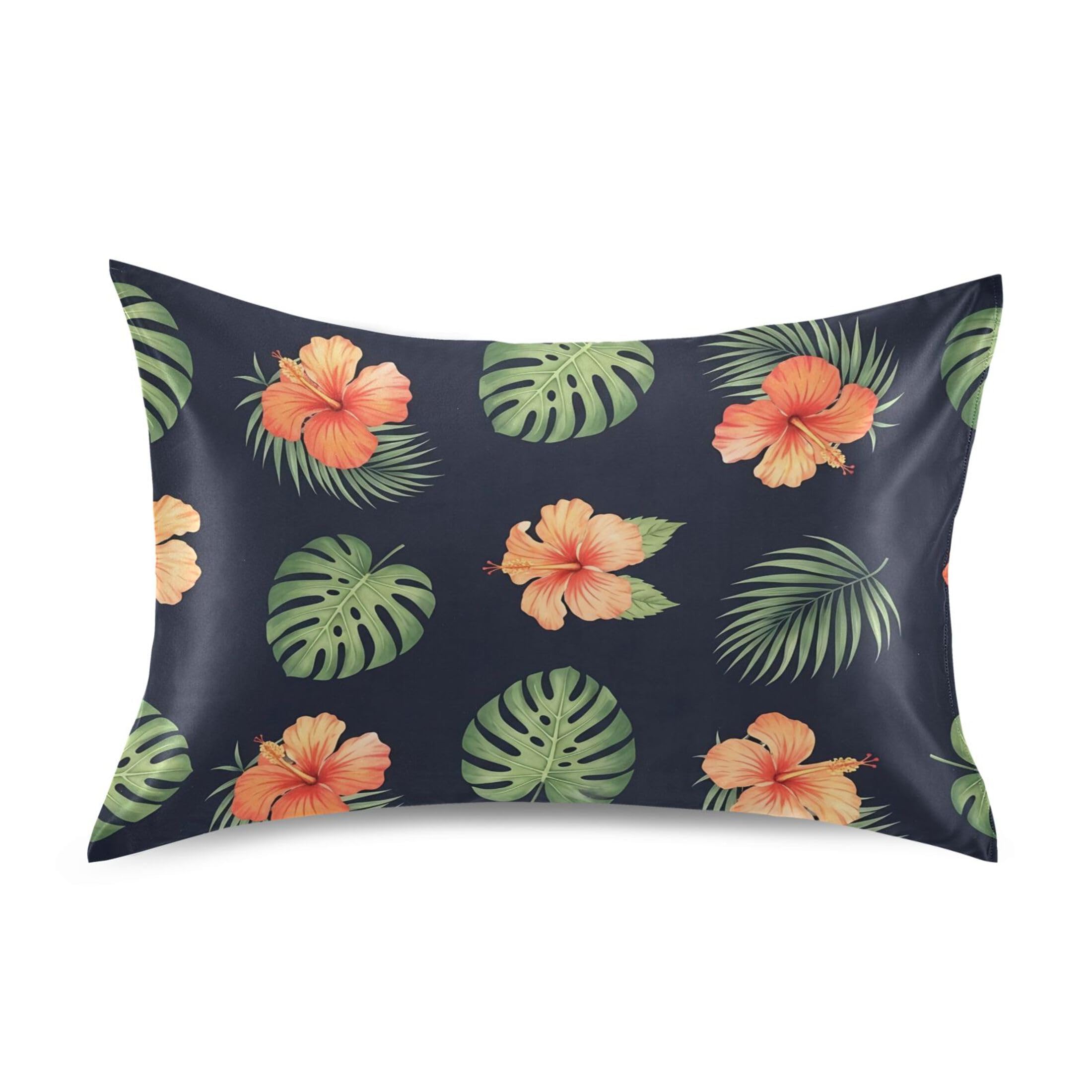 Fuauuyl Pillowcase Queen Size 20x30 in, Hibiscus Monstera Leaves Soft Breathable Satin Pillow Case for Hair and Skin with Envelope Closure Wrinkle-Free
