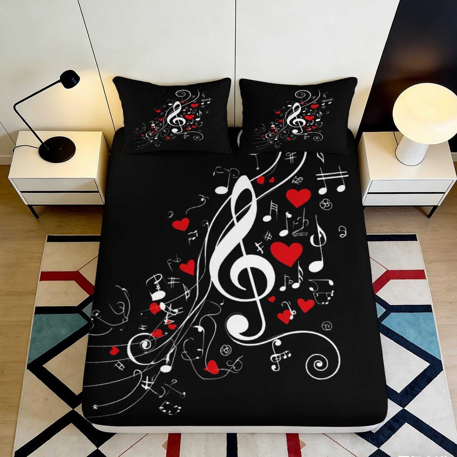 3D Printed Music Notes Hearts Fitted Sheet Microfiber Deep Pocket Bedroom Non-Slip Musical Mattress Fitted Cover Washable 200x200x25cm 90x200x25cm