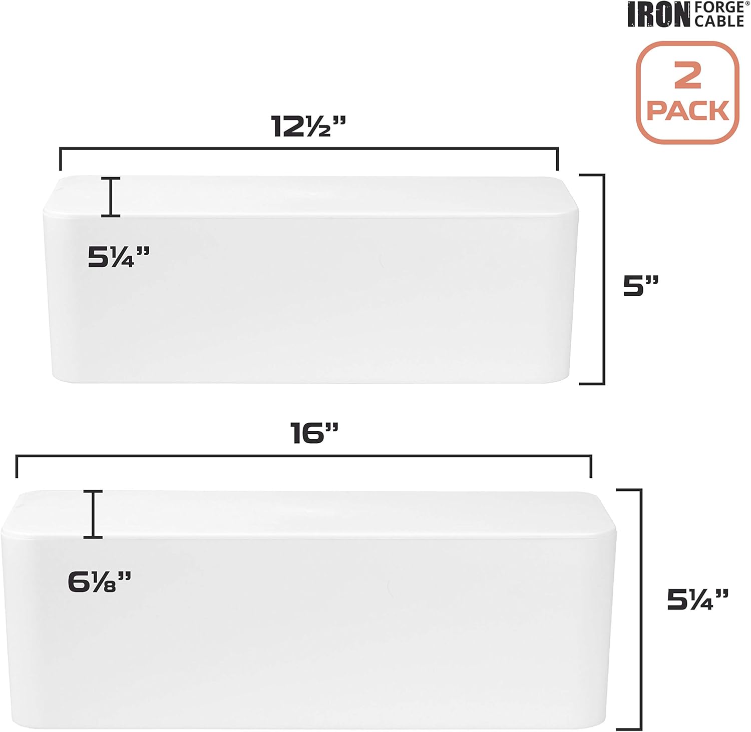 Iron Forge Cable Cable Management Box, 2 Pack - White Cord Organizer and Hider for Wires, Power Strips, Surge Protectors & More - Includes Sleeve Cables, Hook and Loop Keepers, Zip Ties & Clips