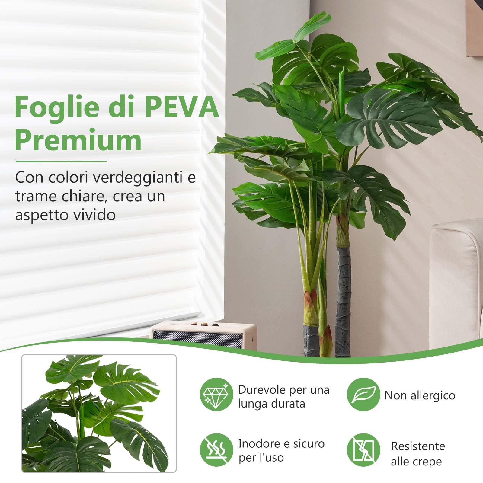 COSTWAY Pianta Finta 120 cm, Albero di Filodendro Artificiale con Foglie in Plastica PE, 3 Rami e 20 Foglie e Supporto in Cemento, Ideale per Casa, Ufficio e Negozio