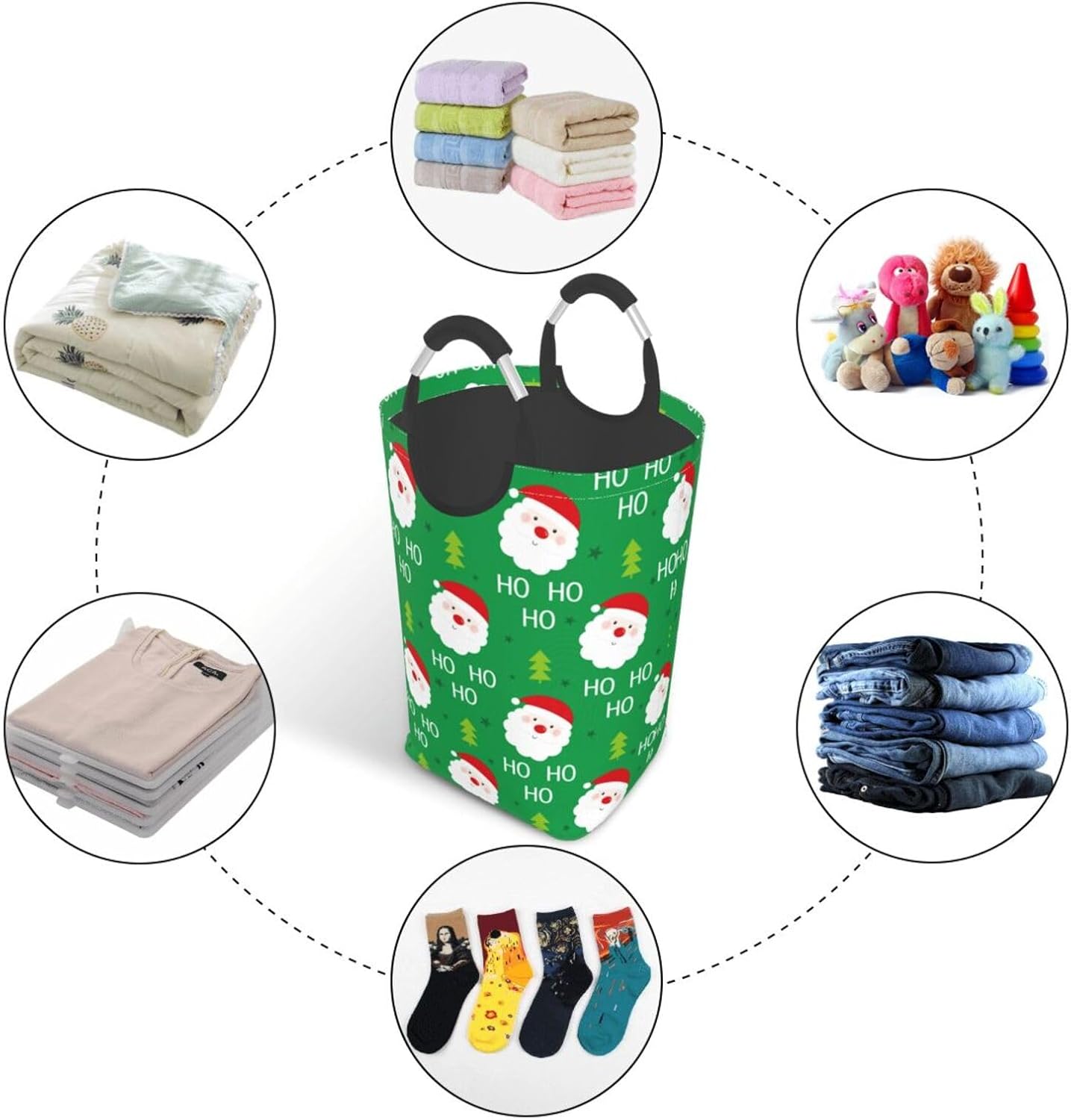 Christmas Santa Laundry Basket Organizer Collapsible Storage Basket Bins Waterproof Laundry Hampers with Handles for Travel Clothes Toys Organizer Office