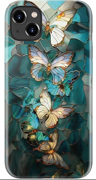 MERRO for iPhone 13 Mini Case,Cute Aesthetic Y2K Phone Cover with Wildflower Designs for Women,Dual-Layer Silicone & Hard Shell Defense,Wireless Charging Compatible - Azure Mosaic Butterfly - 1