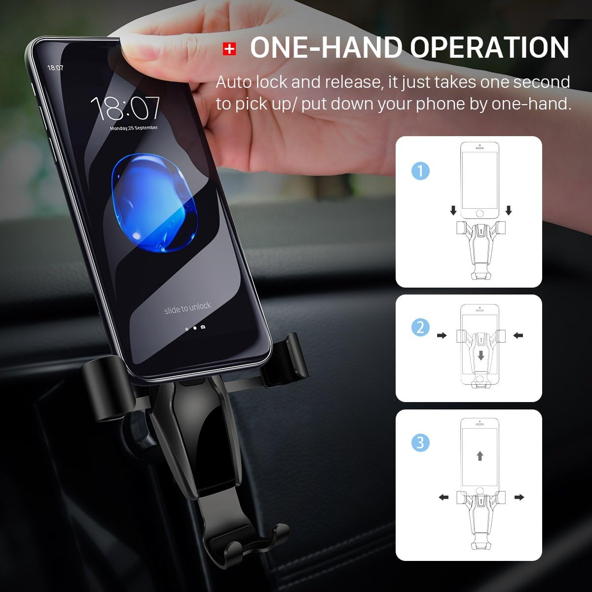 AINOPE Cell Phone Holder for Car, Gravity Car Phone Mount Auto-Clamping Air Vent Car Phone Holder Universal Car Phone Mount Compatible iPhone Xs MAX/X/XR/8/7, Galaxy Note 9/S10 Plus/S9 - Black (Divi)