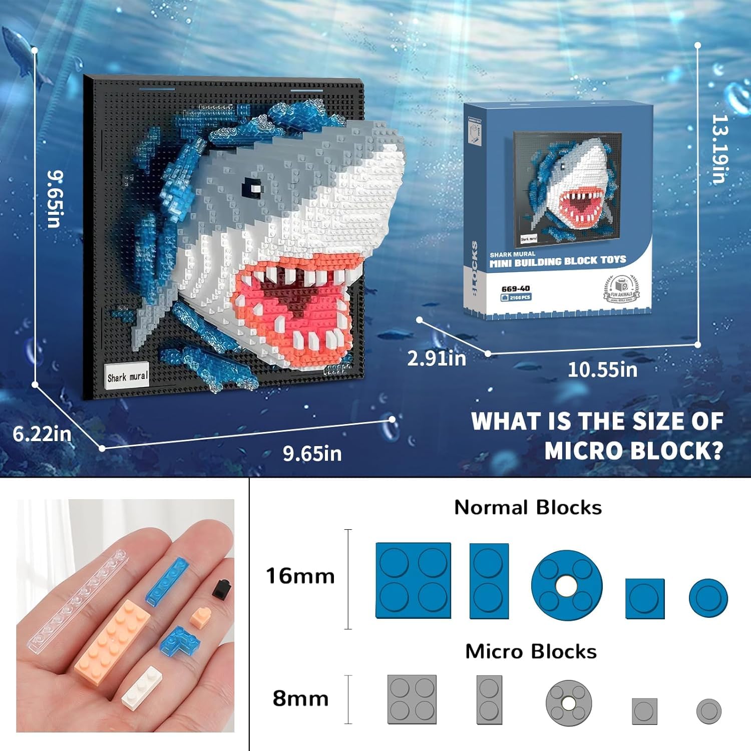 highdar - Juego de decoración de pared en 3D con forma de tiburón, diseño de mini-Blocs de construcción, decoración de pared o mesa única, regalo de cumpleaños creativo para niños y adolescentes (2166