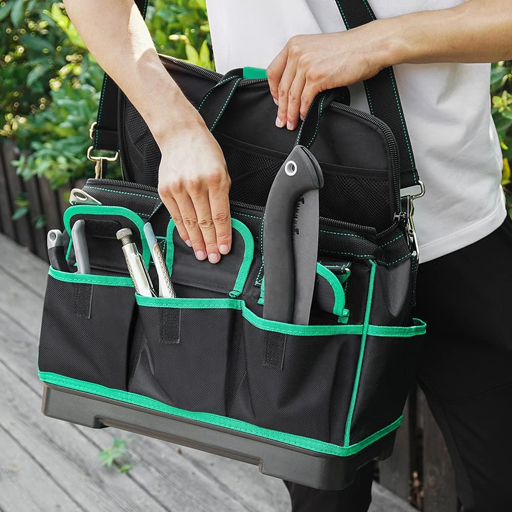 AIRAJ 18 inch High Tool Bag, Large Storage Bag with Wide Opening at The Top, Heavy Tool Bag Resistant to Sharp Tools, Adjustable Shoulder Strap and Parts Box (Green and Black)