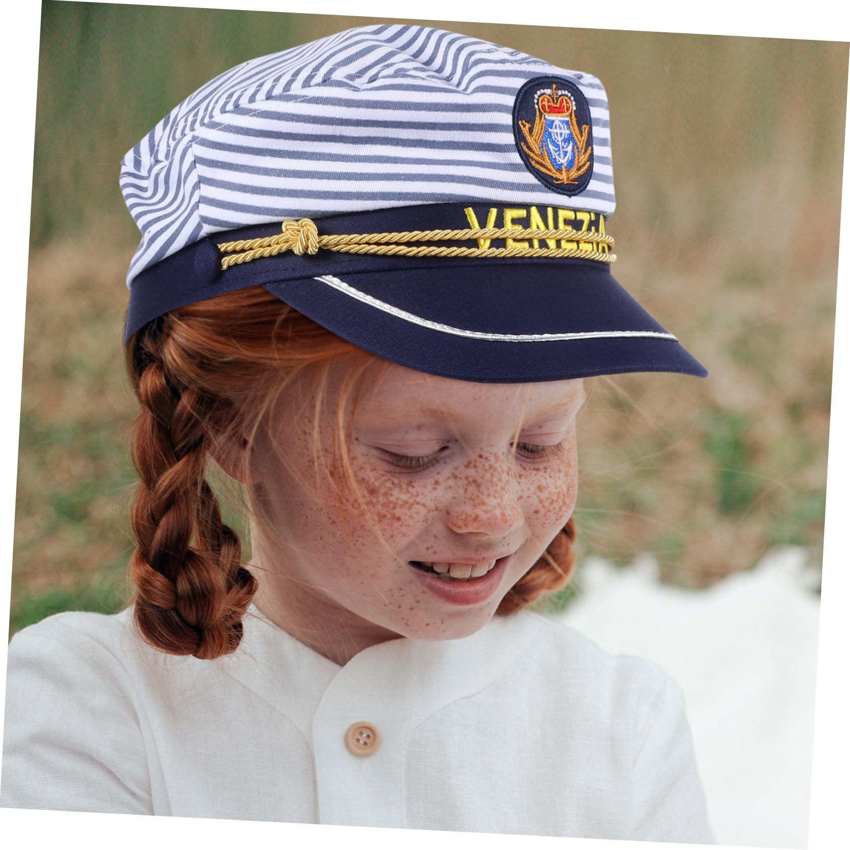 Didiseaon Cappello da Marinaio Cosplay 2 Pezzi in Cotone, Regolabile | Visiera Curva, Ricamo Blu a Righe, per Party e Viaggio, Taglie Adulto 58cm e Bimbo 54cm