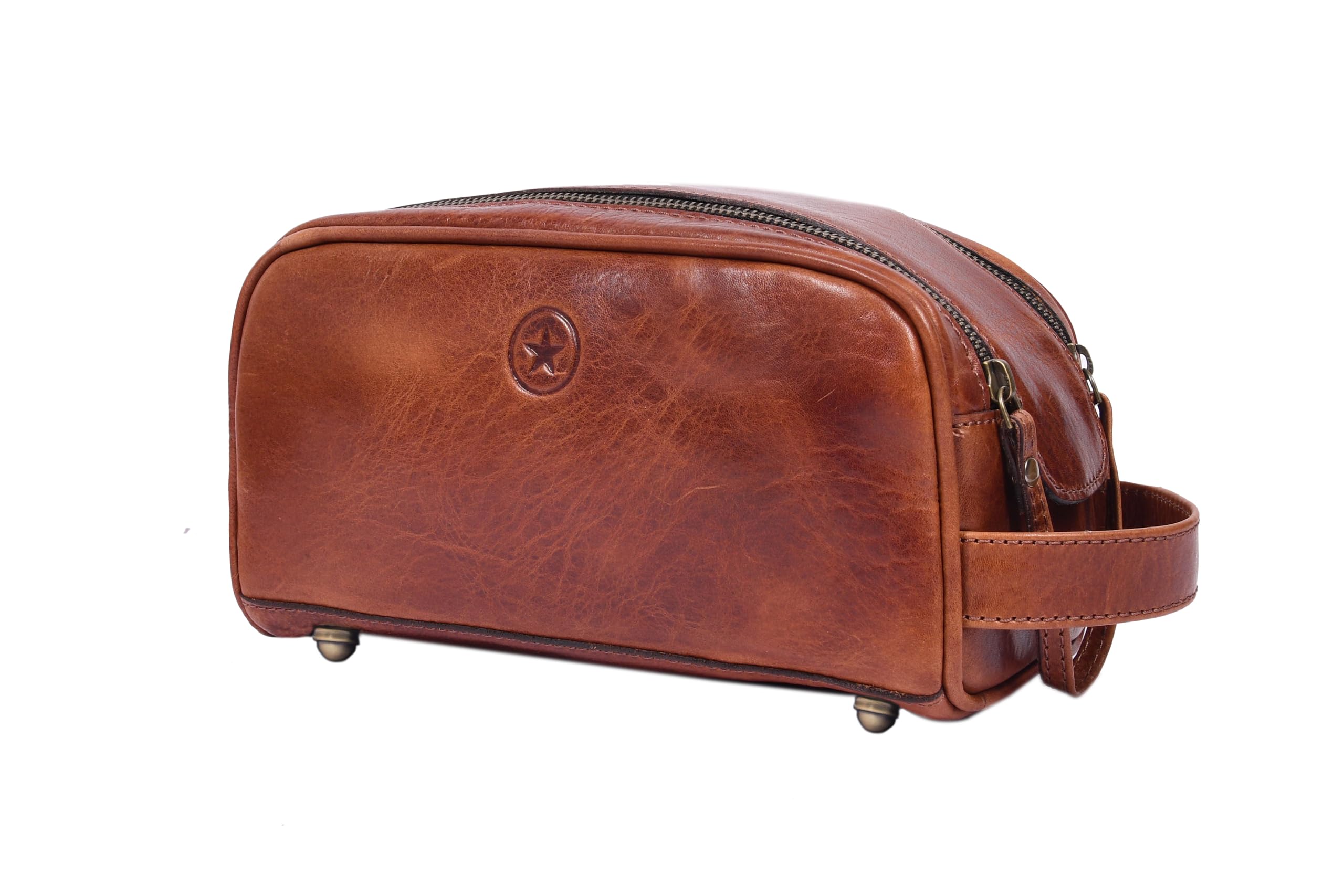 Aaron Leather Goods - Beauty case in pelle da uomo, kit da viaggio per toelettatura, con fodera impermeabile